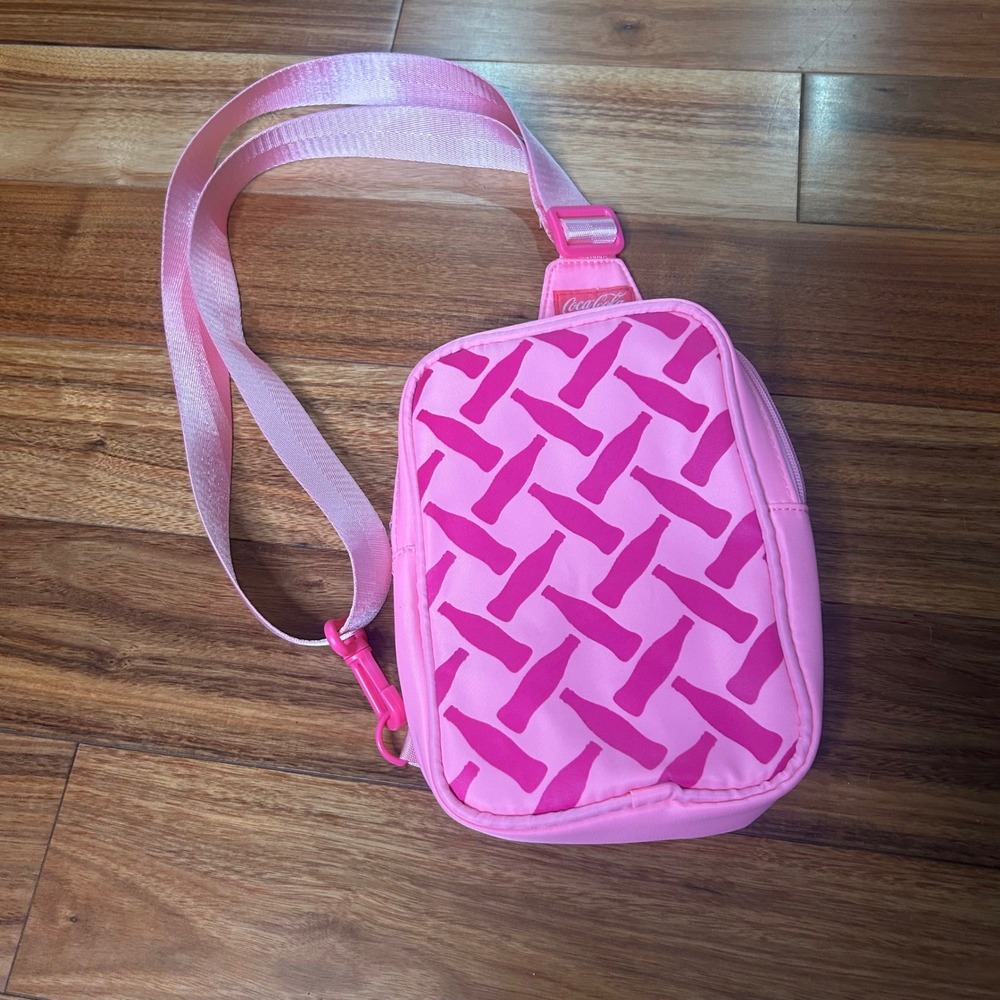 Coca-Cola Crossbody Bag Pink Bottle Print Adjustable Strap Cute Purse